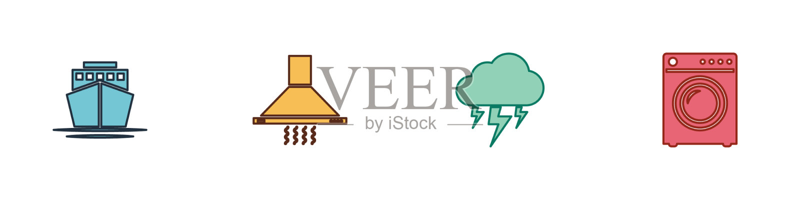 设置船舶厨房排气扇，风暴和洗衣机图标素材