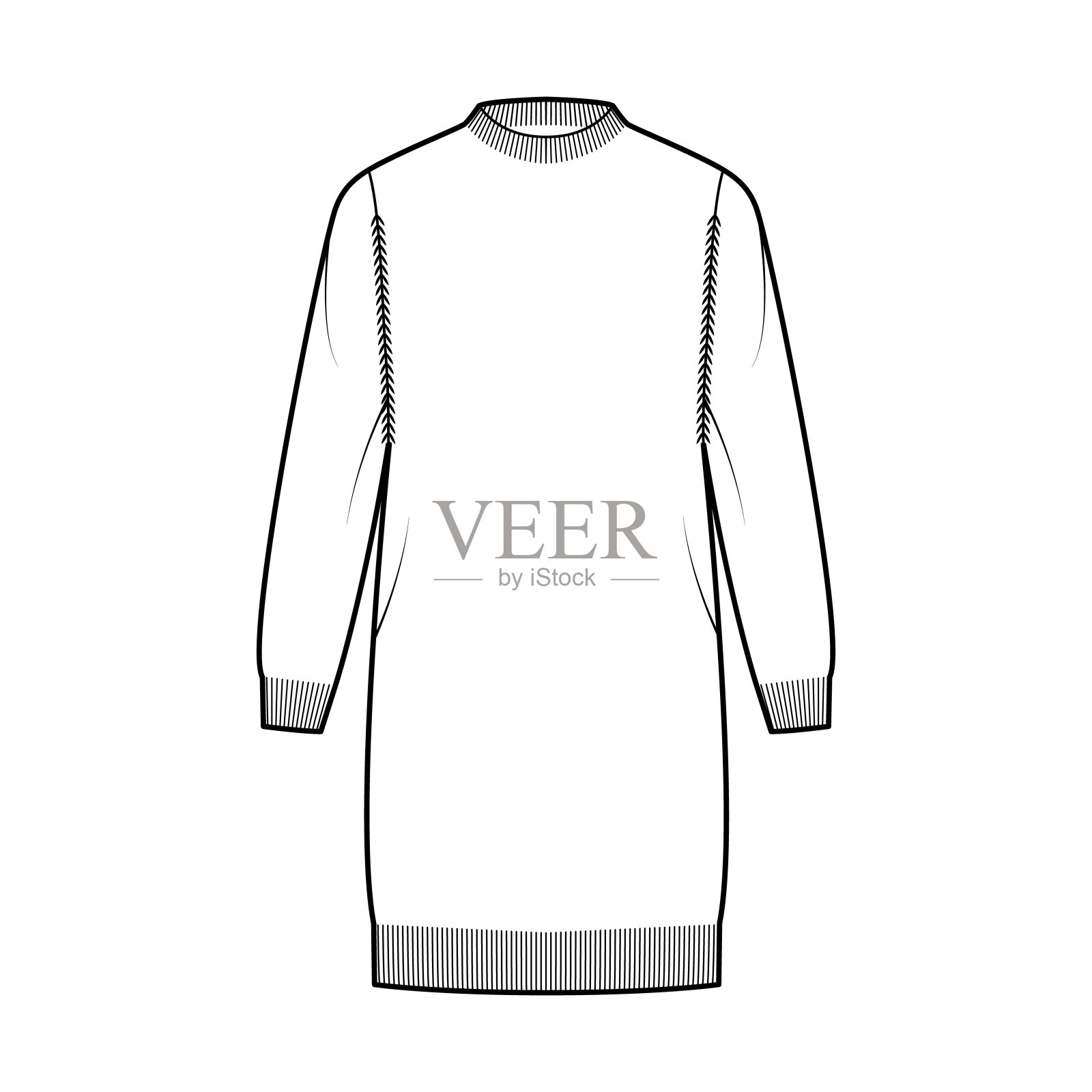 穿渔夫毛衣技术时尚插图，圆领，超大的身体，膝盖长，针织装饰。平插画图片素材