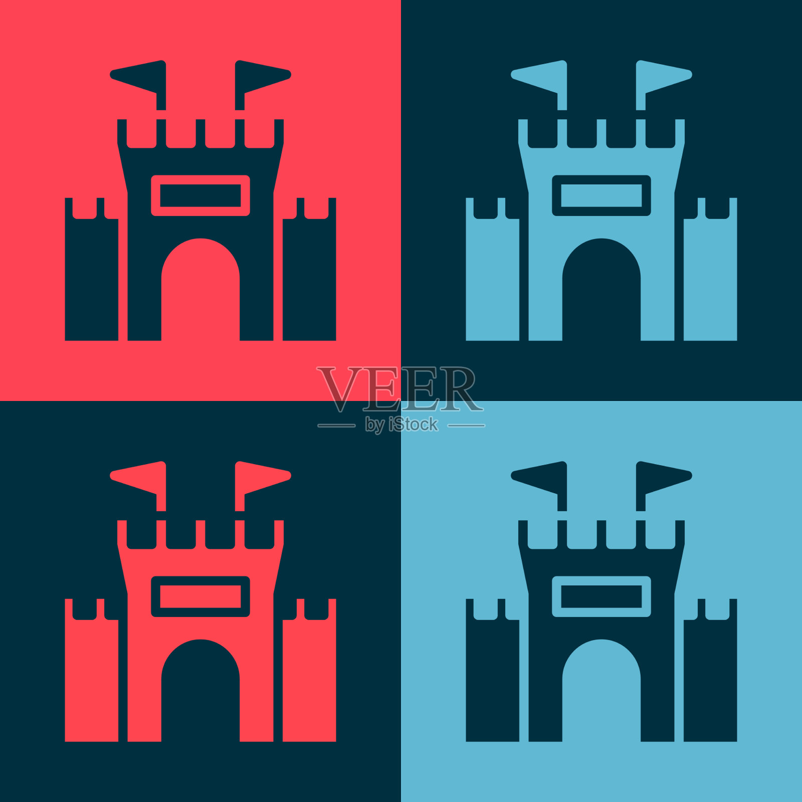 波普艺术城堡图标孤立的颜色背景插画图片素材