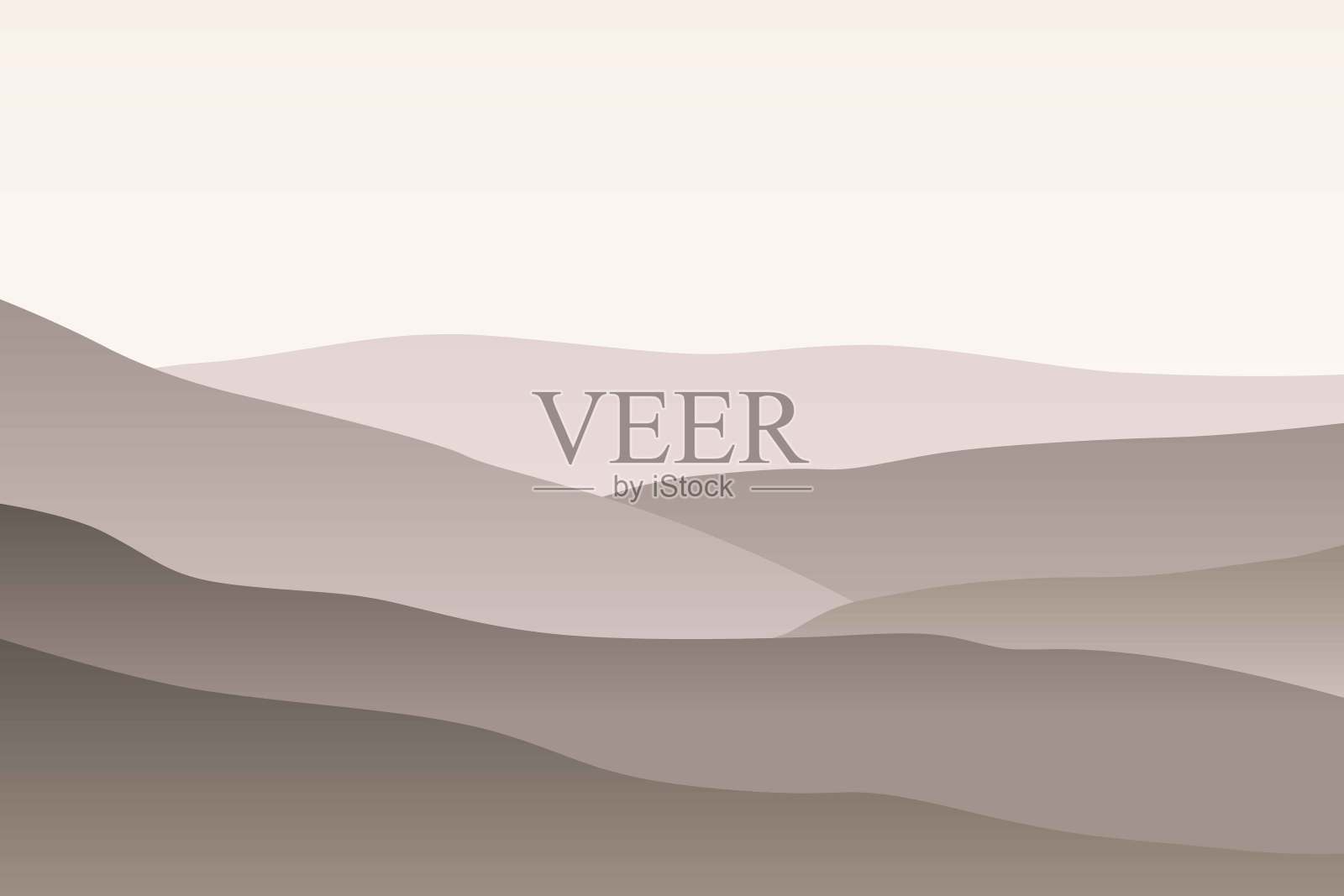 带有波浪的单色景观。日落的天空。温暖的灰色和米色的雾山剪影。沙漠沙丘。自然与生态。水平方向。对于社交媒体，明信片和海报插画图片素材