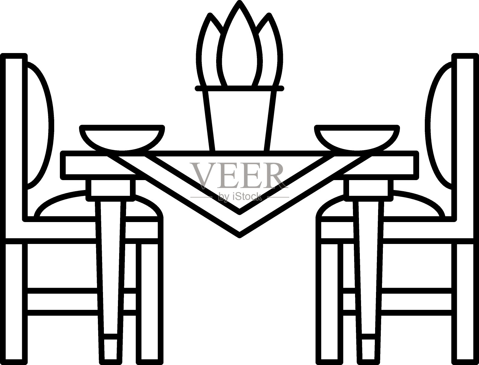 咖啡厅坐区花盆矢量线图标设计，室内设计符号，家庭办公装饰标志，住宅和商业装饰元素股票插图，约会之夜晚餐概念插画图片素材