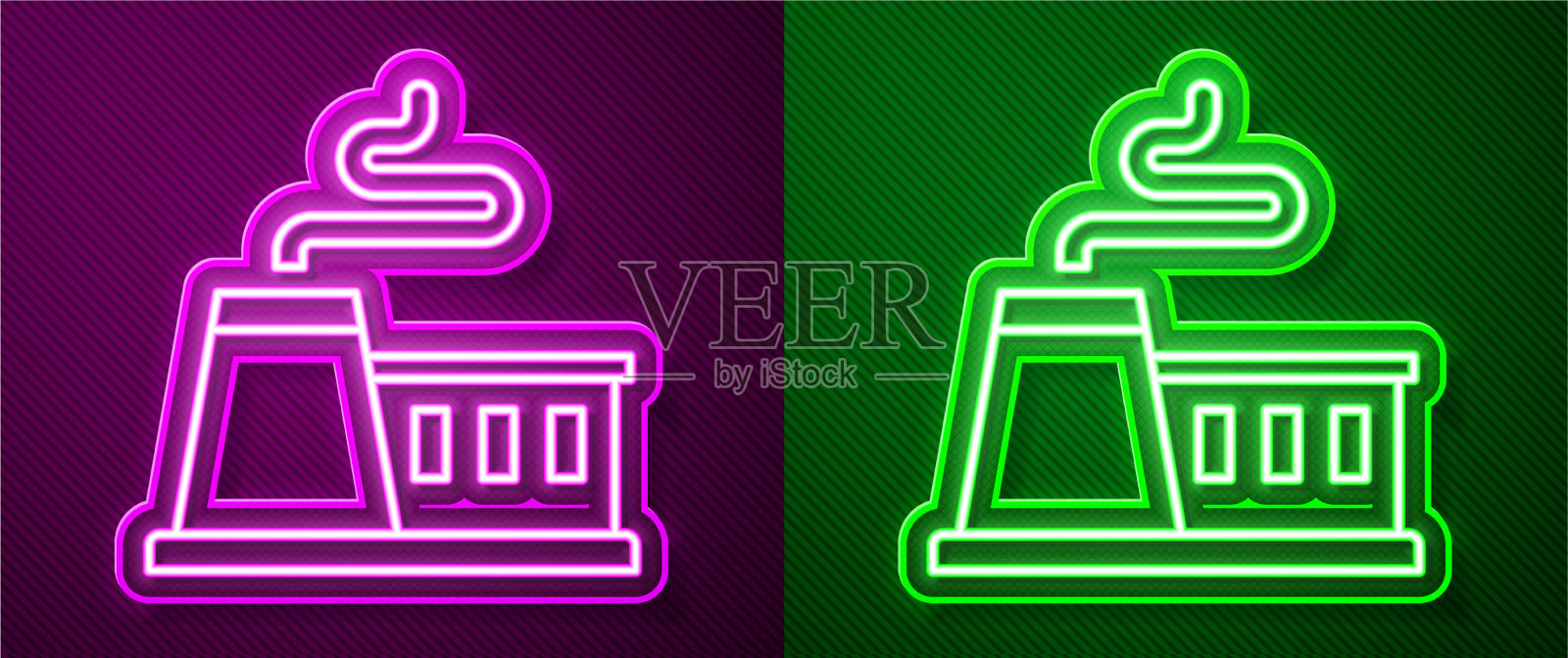 发光的霓虹灯线工厂图标孤立在紫色上图标素材