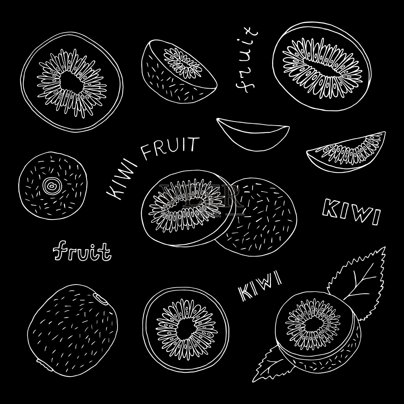 单色向量模式与猕猴桃和猕猴桃片上的黑色背景。轮廓图。插画图片素材