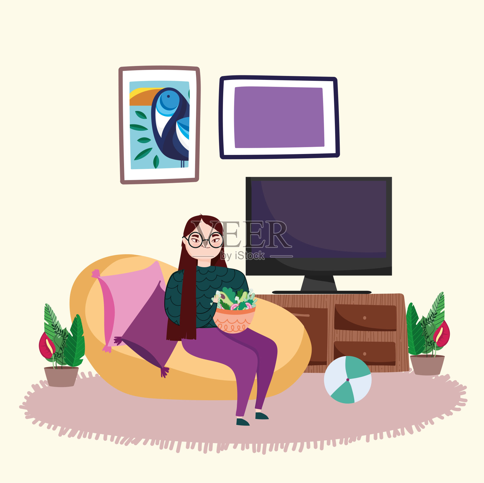 女孩吃沙拉插画图片素材