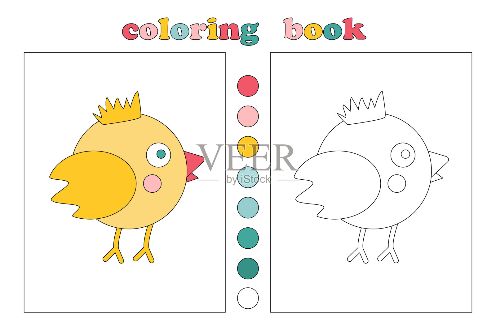 儿童涂色书，卡通小黄鸡涂色插画图片素材