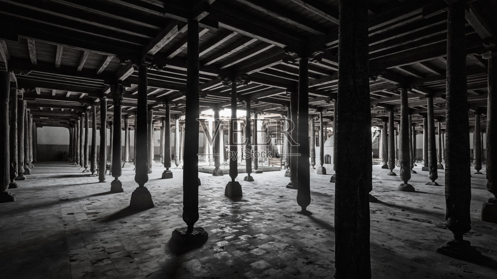 乌兹别克斯坦希瓦朱马清真寺黑白全景图照片摄影图片