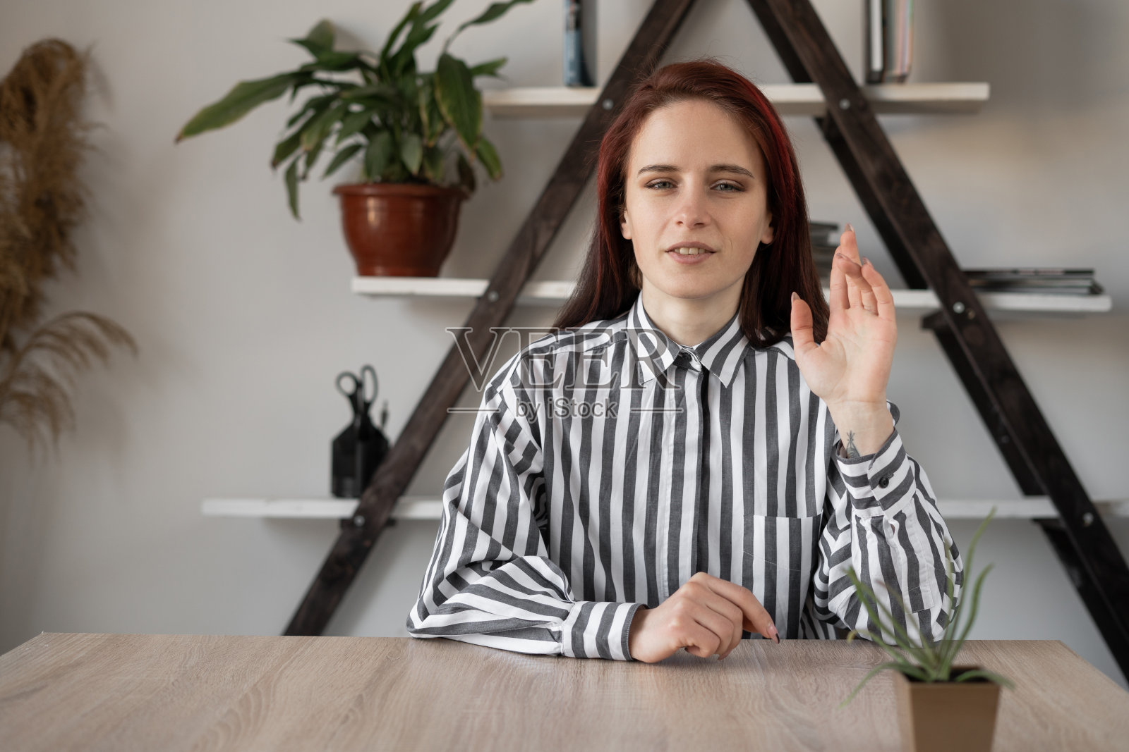 一名年轻的白人女教师坐在桌子前看着网络摄像头正在讲课。在线咨询。女经理在家工作。工作和学习的概念。照片摄影图片