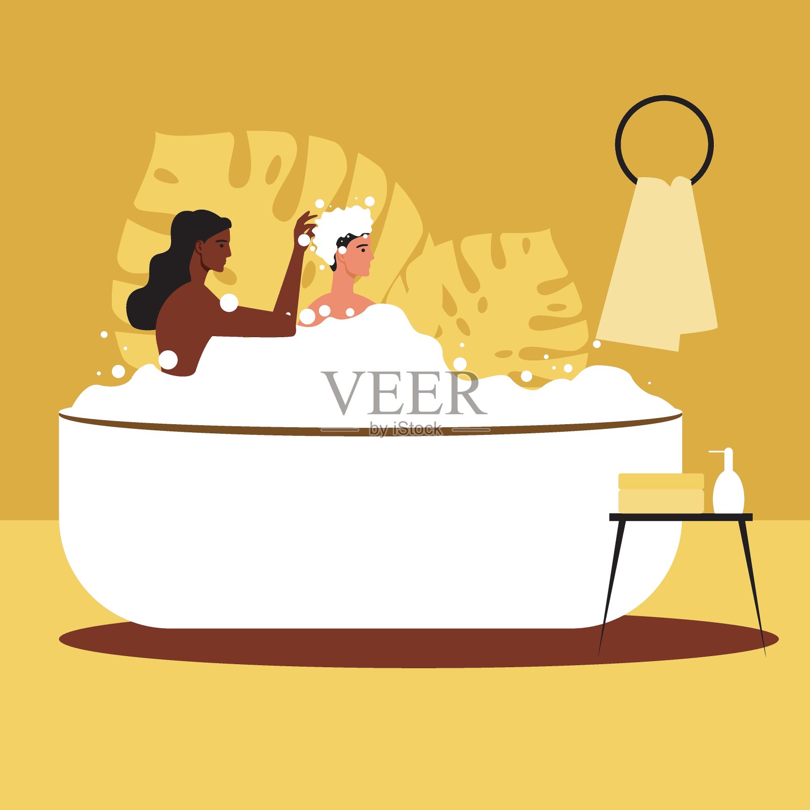 夫妻一起洗头，平面矢量股票插图与女人和男人一起洗澡作为洗头的概念设计元素图片