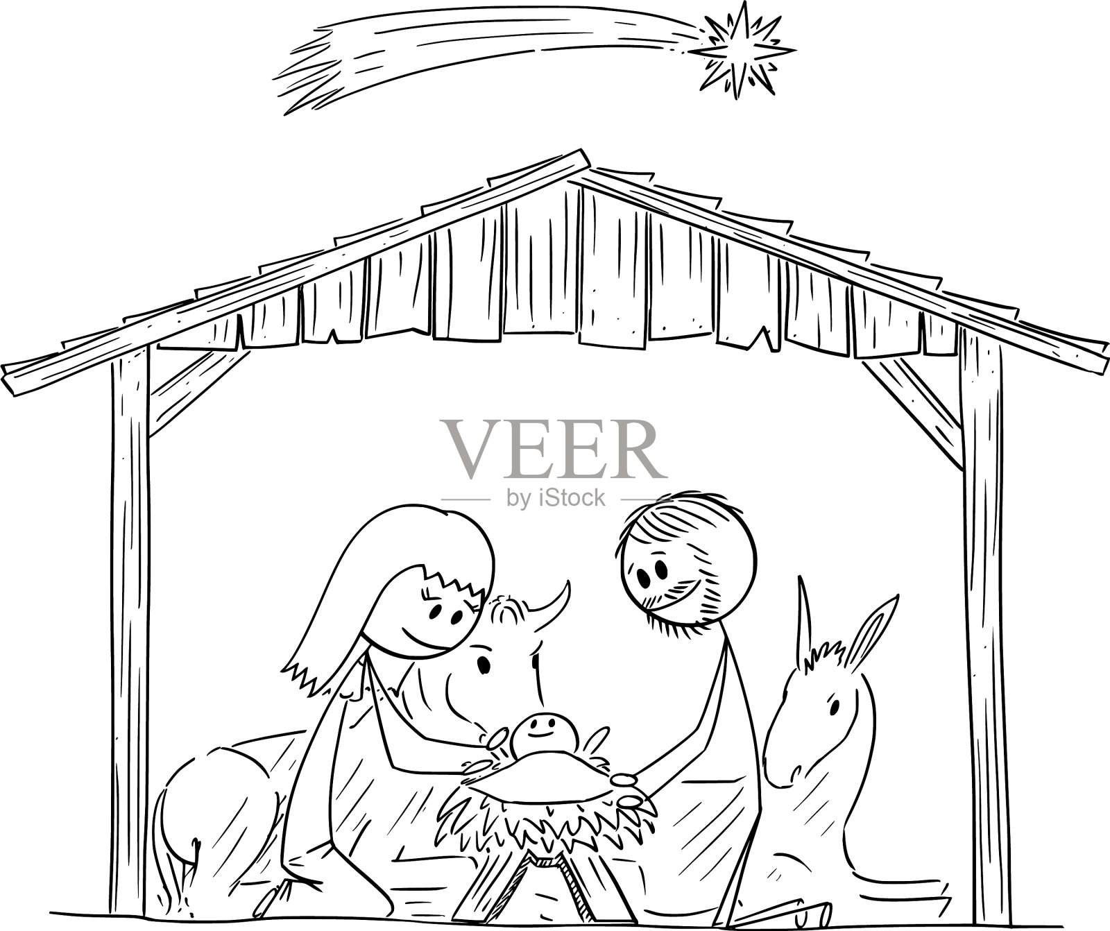 卡通耶稣诞生场景巴耶稣和玛丽插画图片素材