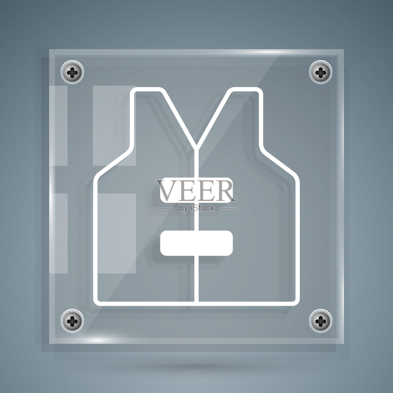 白色救生衣图标孤立在灰色背景。救生衣图标。极限运动。运动设备。方形玻璃面板。向量图标素材