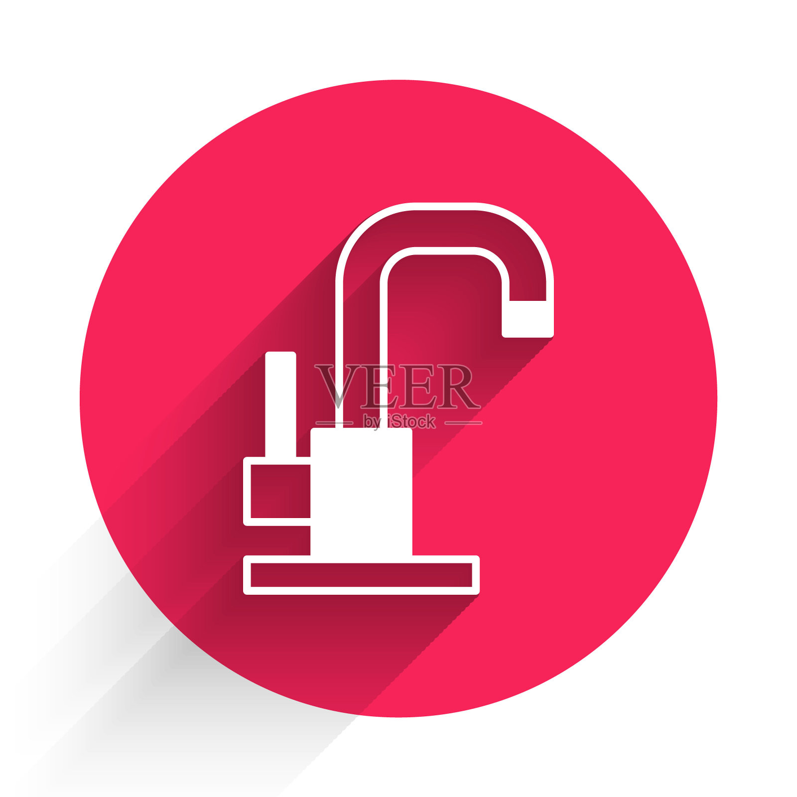 白色水龙头图标孤立与长阴影。红色圆圈按钮。向量插画图片素材