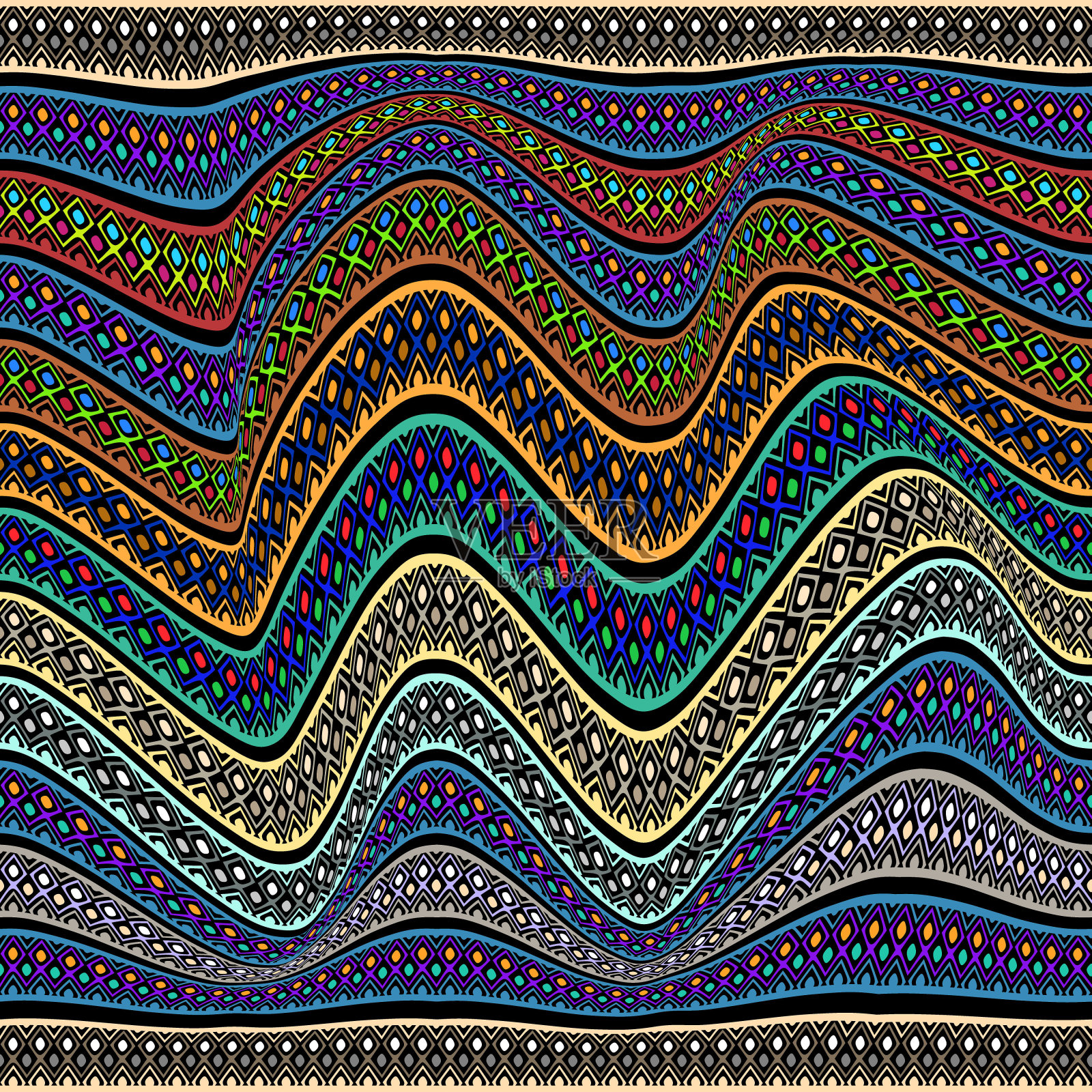 彩色民族波浪边界无缝图案。向量装饰背景。有图案的重复背景。波浪形的边界，锯齿形的线，抽象的形状。现代的装饰品。明亮的装饰设计插画图片素材