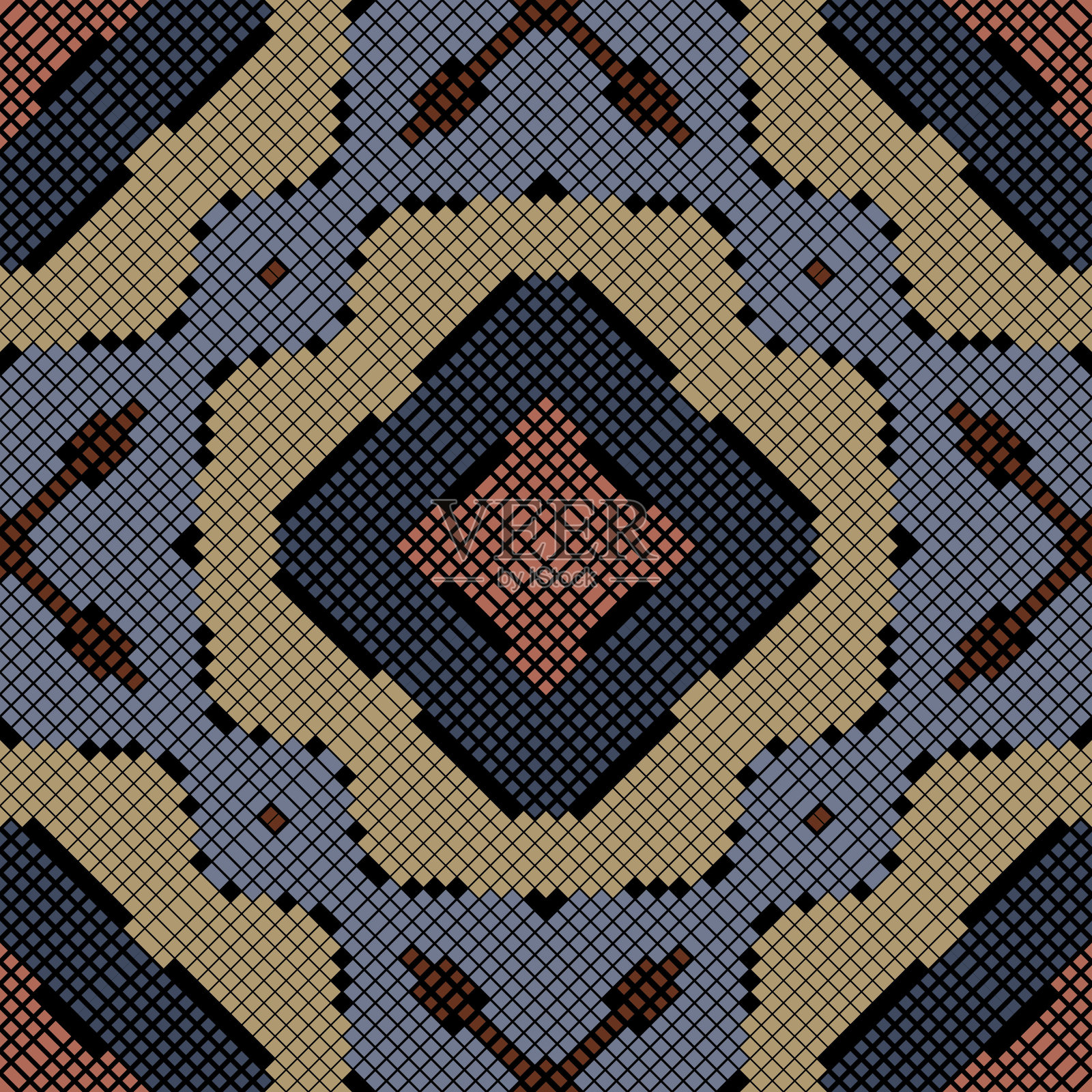 广场无缝模式。马赛克彩色矢量背景。重复数字背景。现代半色调几何装饰。抽象格子格创意设计与方形形状，菱形，线条插画图片素材