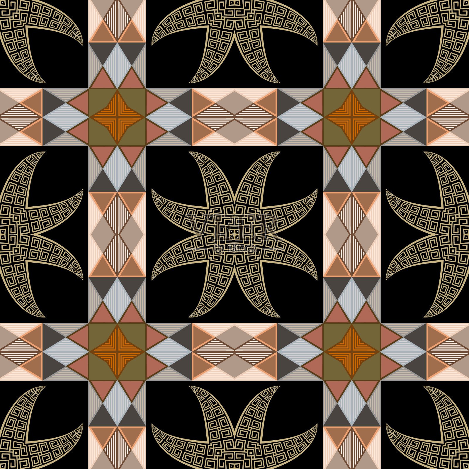 几何部落种族无缝模式。向量装饰希腊风格背景。彩色重复格子花呢背景。抽象的花朵。希腊的关键,蜿蜒。条纹点缀。几何形状插画图片素材