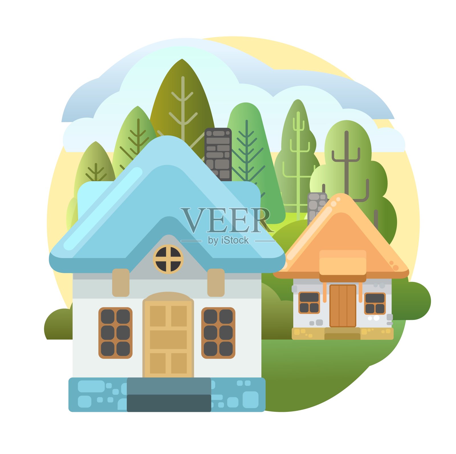 农村的房子。村庄的背景是自然景观。郊区景观与树木。夏天的观点。白色背景上的孤立物体。卡通平的风格。向量插画图片素材