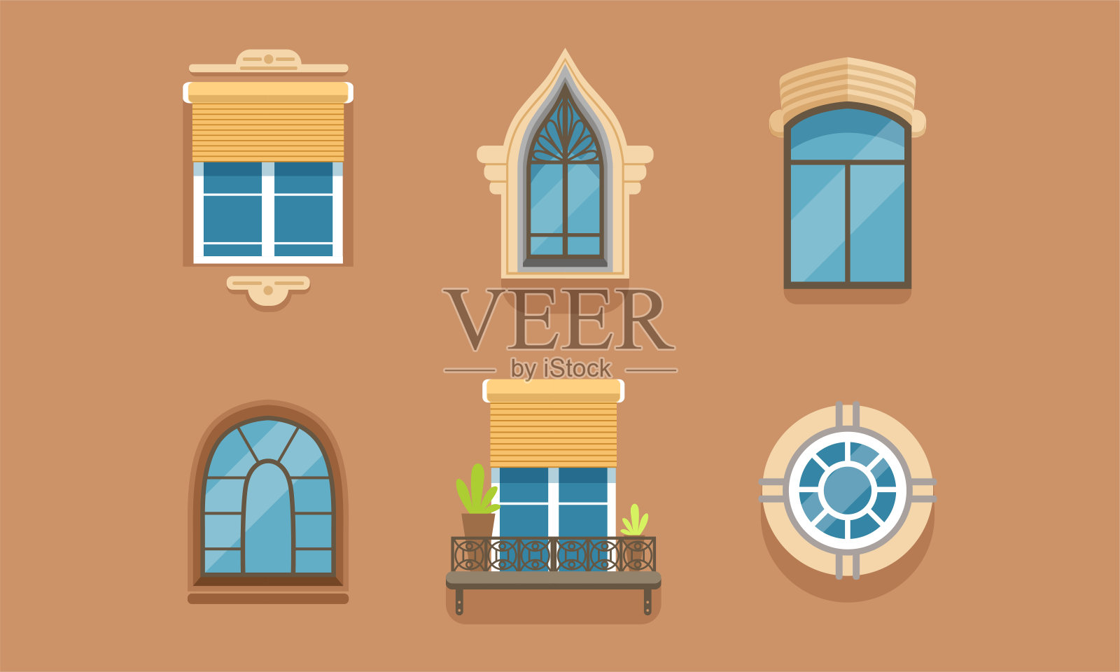 不同的墙体框架窗作为建筑外部元素向量集插画图片素材