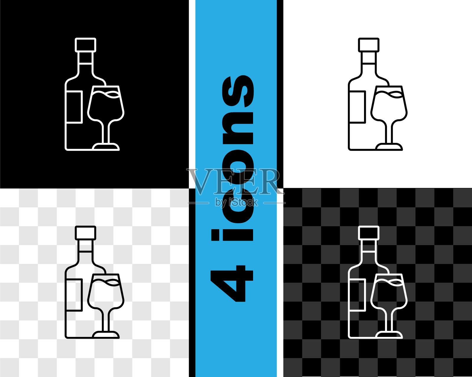 设置线条酒瓶与玻璃图标隔离在黑色和白色，透明的背景。向量图标素材