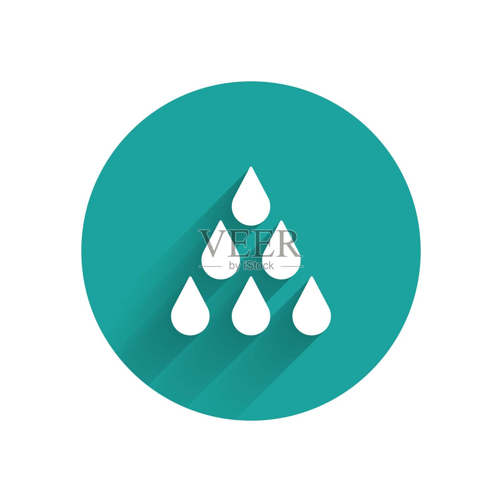 白色水滴图标孤立与长影子。绿色圆圈按钮。向量插画图片素材