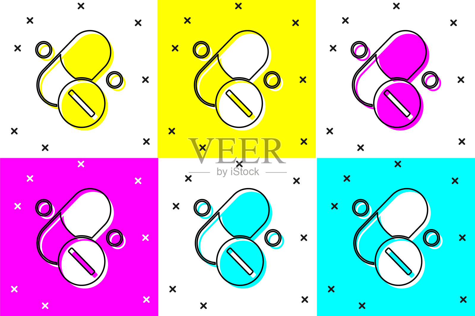 设置药丸胶囊的维生素复合物图标孤立在颜色背景上。健康的生活方式。向量插画图片素材