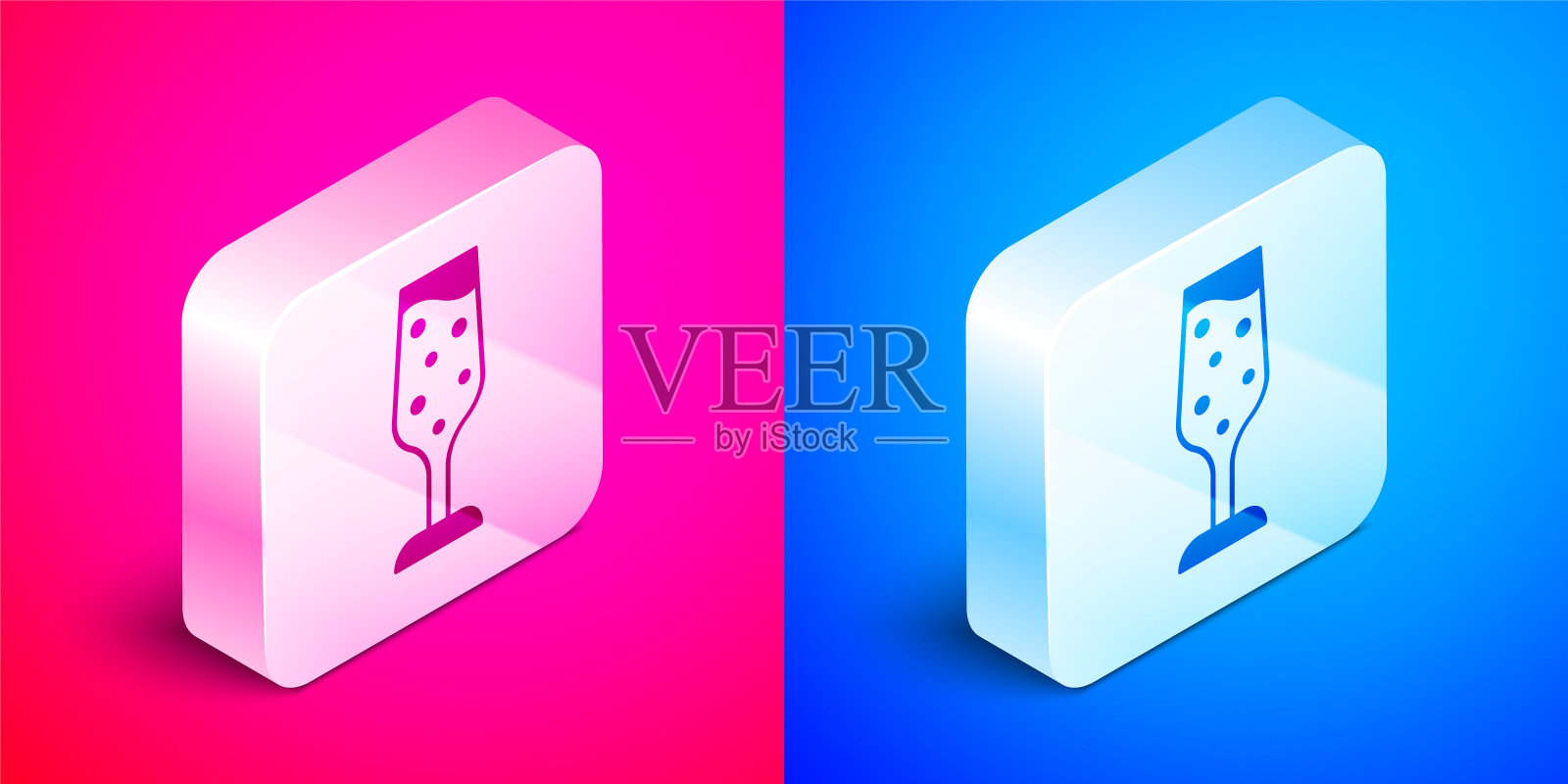 等距玻璃香槟图标孤立在粉红色和蓝色的背景。银广场按钮。向量图标素材