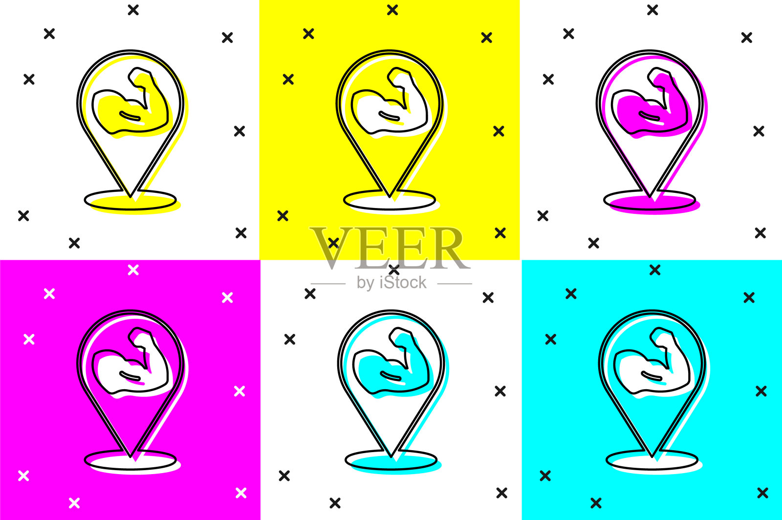 设置健美显示他的肌肉图标孤立的颜色背景。适合健身强度健康爱好概念。向量插画图片素材