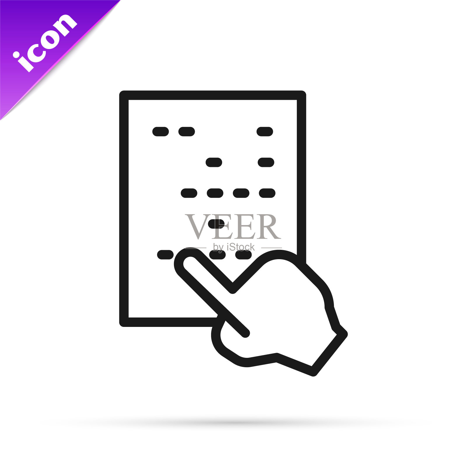 黑线盲文图标孤立在白色背景。手指在点上驱动。盲人或视障人士书写标志系统。向量插画图片素材