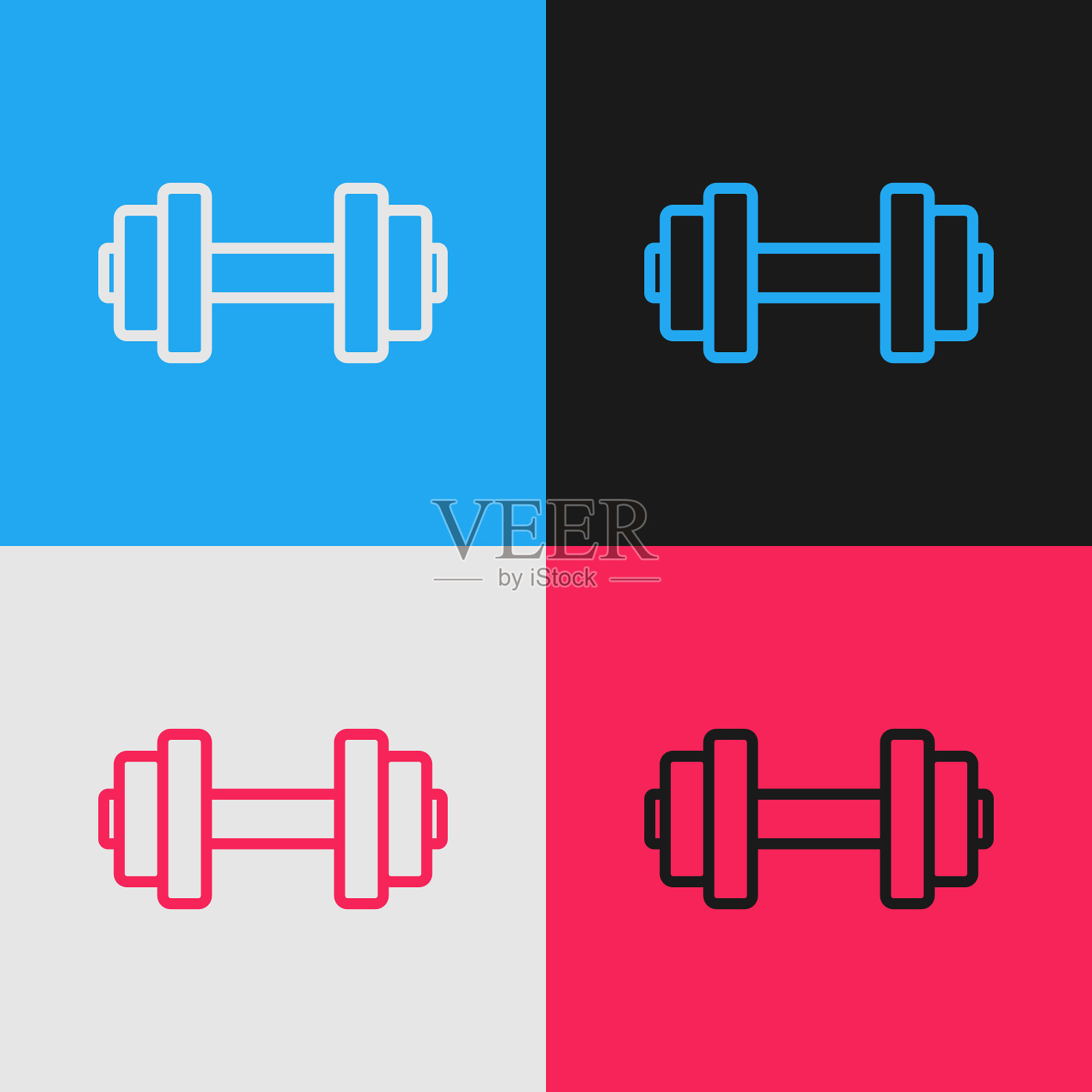 波普艺术线哑铃图标孤立的颜色背景。肌肉举重偶像，健身杠铃，健身房，运动器材，运动大哑铃。向量图标素材
