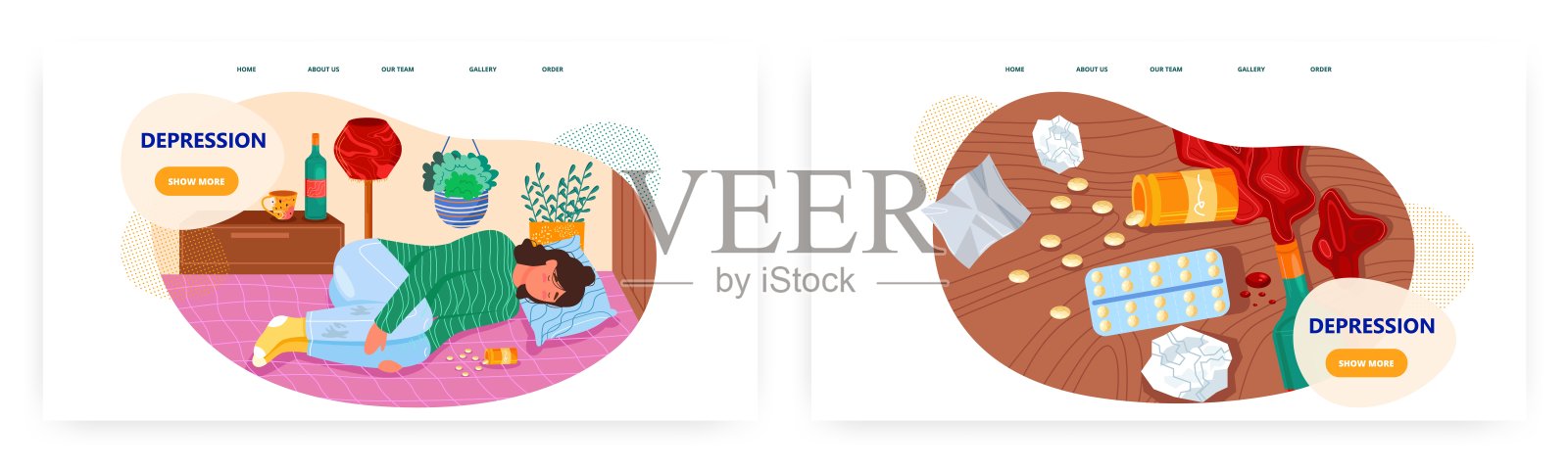 沮丧落地页设计，网站banner矢量模板，沮丧的妇女躺在床上，药丸散落着插画图片素材
