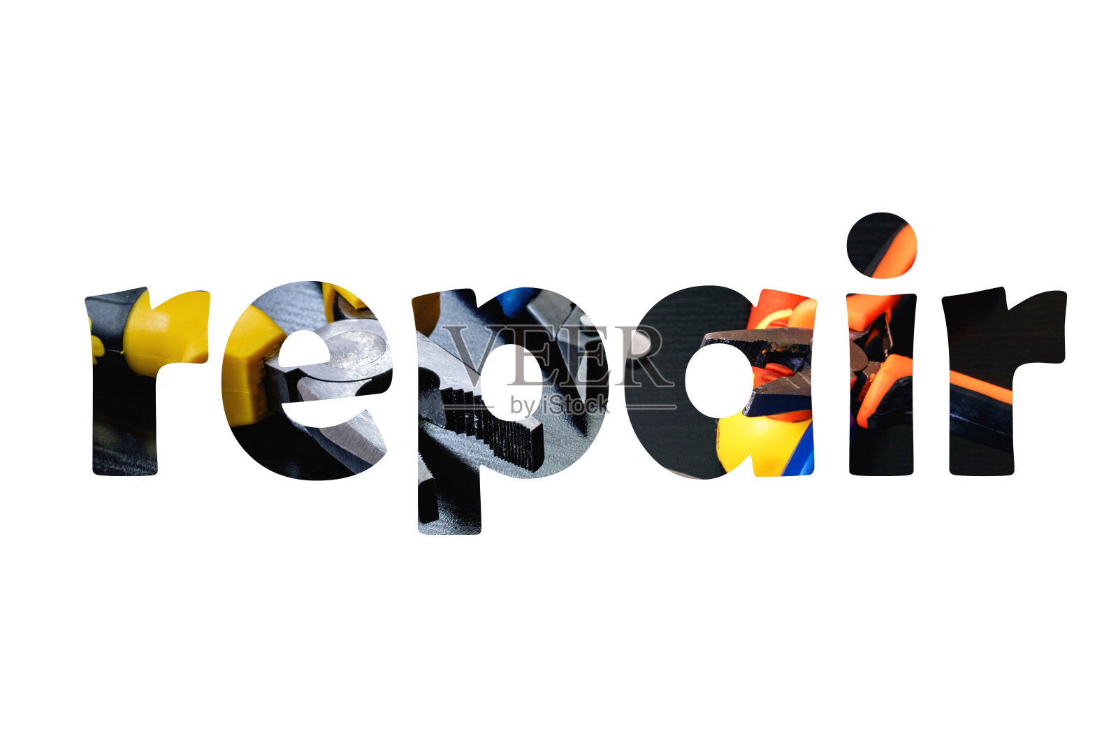 字修由一堆工作工具孤立在白色照片摄影图片