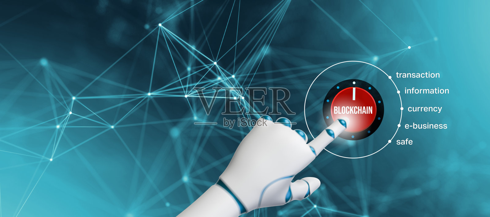 机器人手使用调节旋钮与文本区块链和不同的主题- 3d插图照片摄影图片