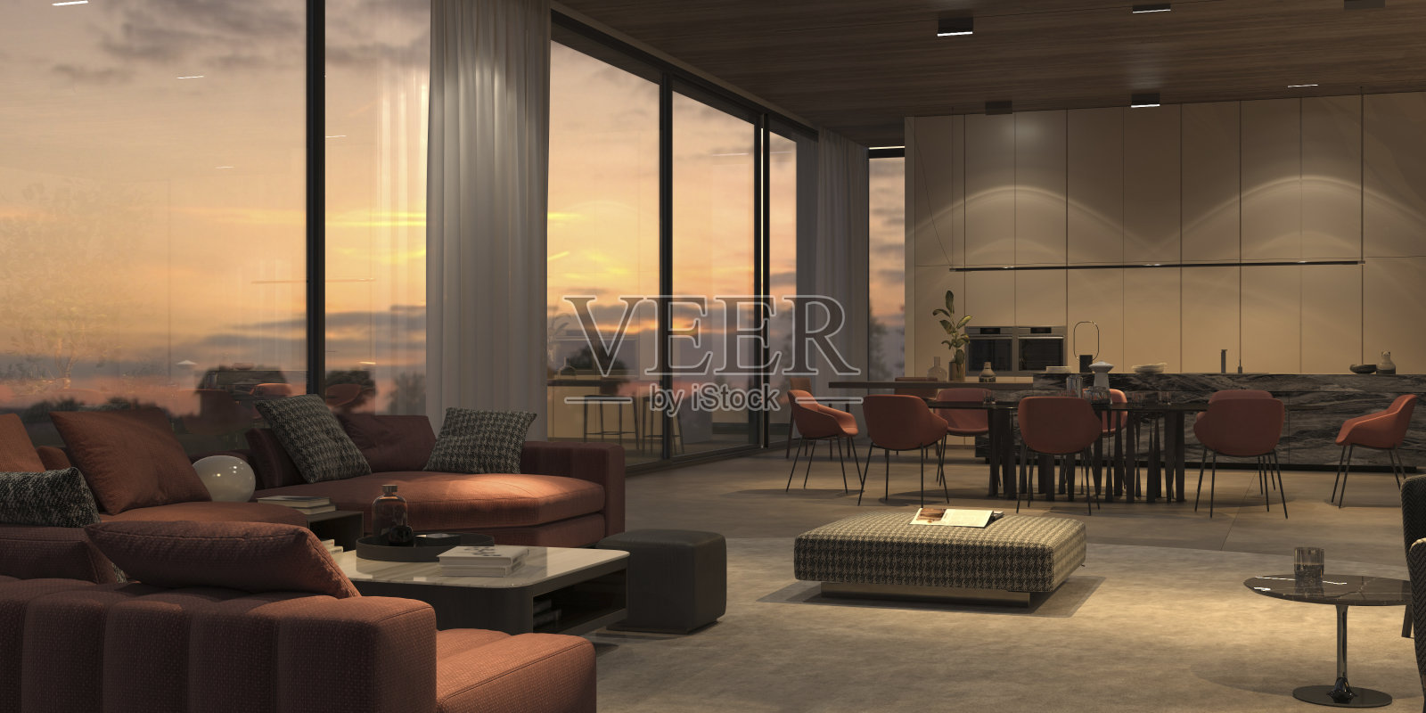 优雅和豪华的夜间照明开放式客厅，厨房和餐厅，大理石岛，石头地板，米色墙壁，木制天花板。窗户可以俯瞰日落。室内3d渲染图照片摄影图片