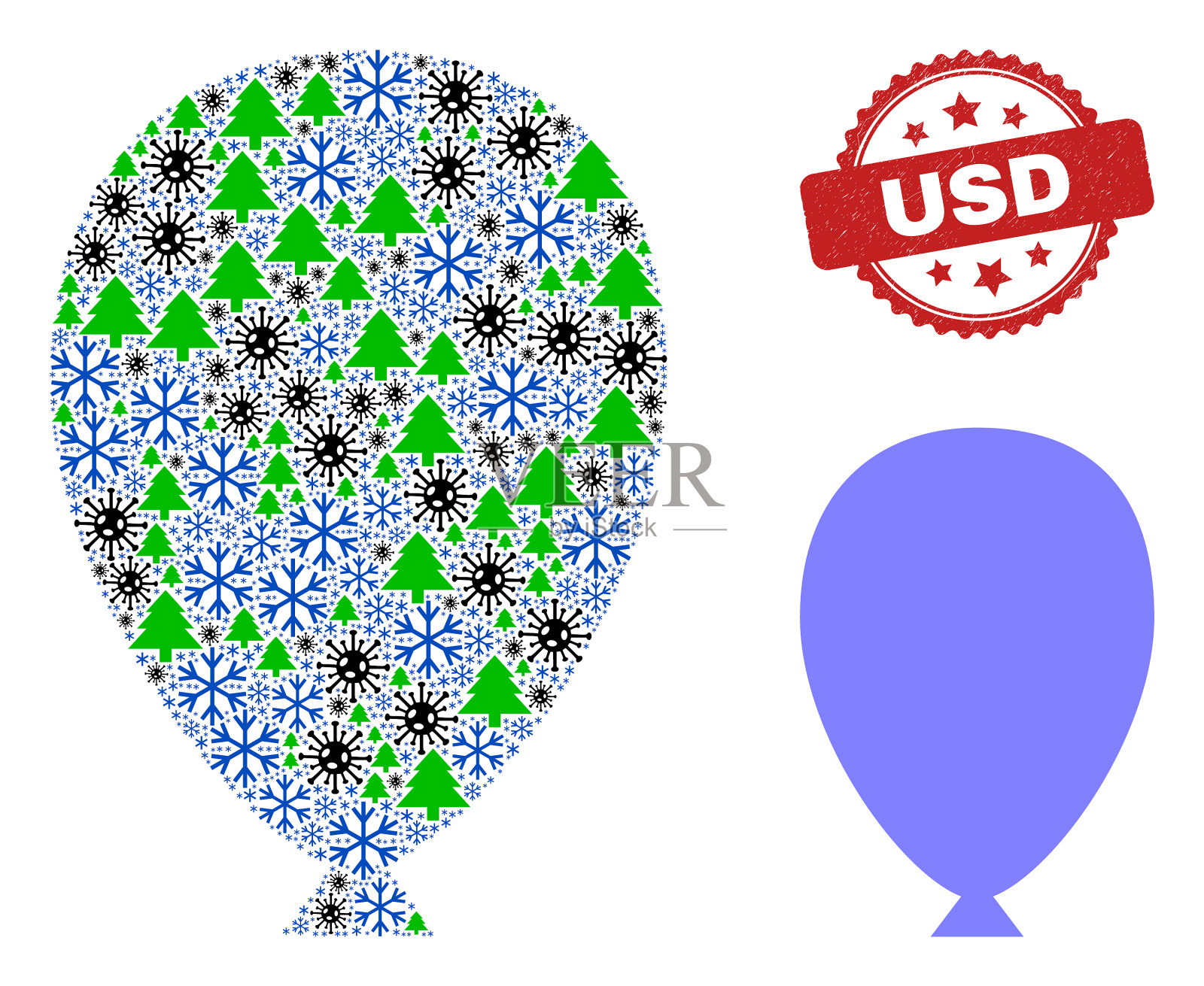 美元遇险海豹和庆祝气球马赛克插画图片素材