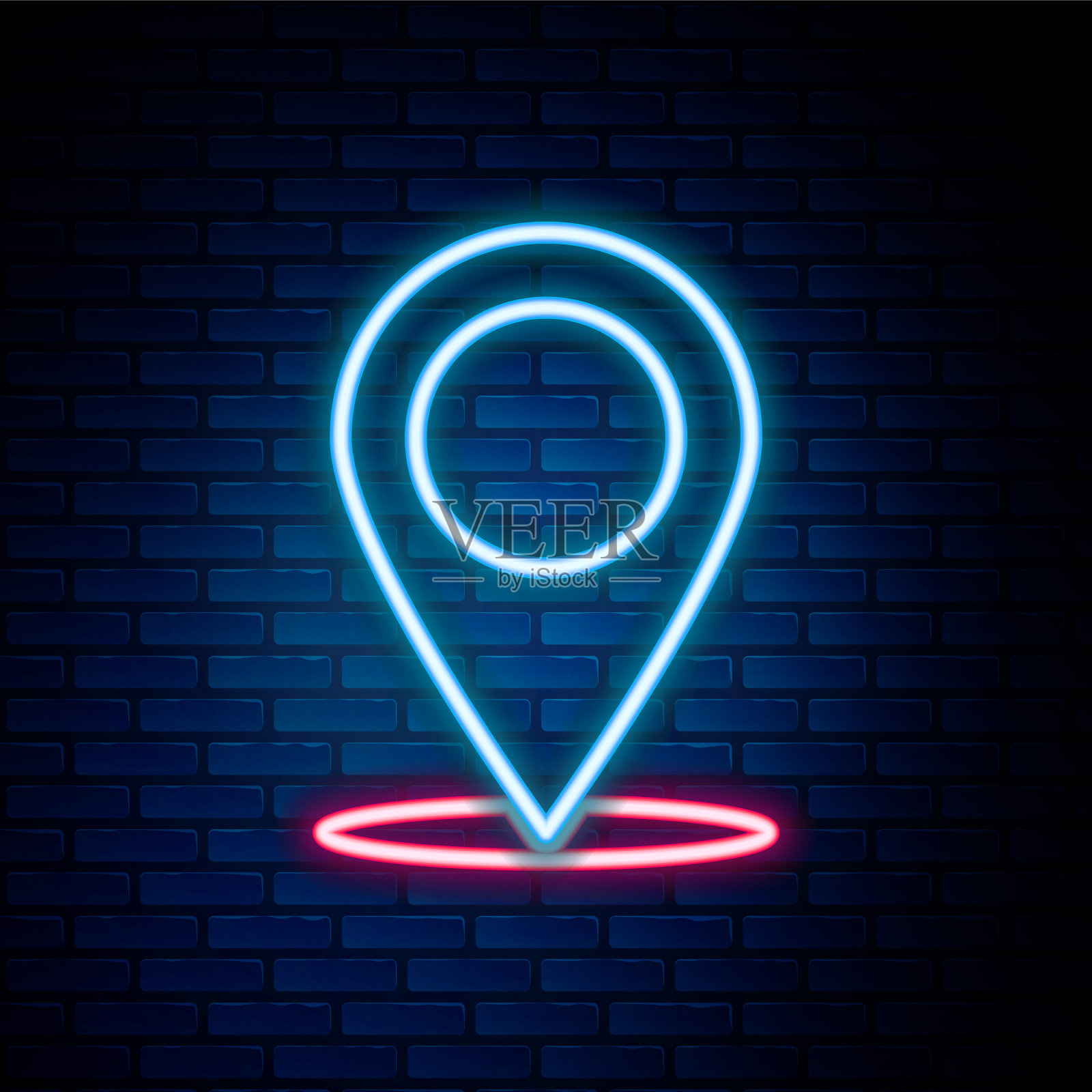 发光的霓虹灯线地图引脚图标隔离在砖块上插画图片素材