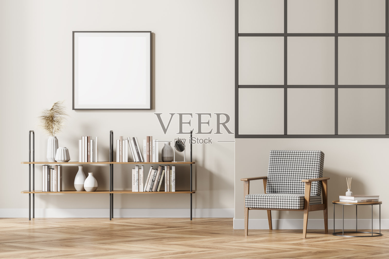 米色客厅内部有扶手椅和书架，正方形的模型照片摄影图片