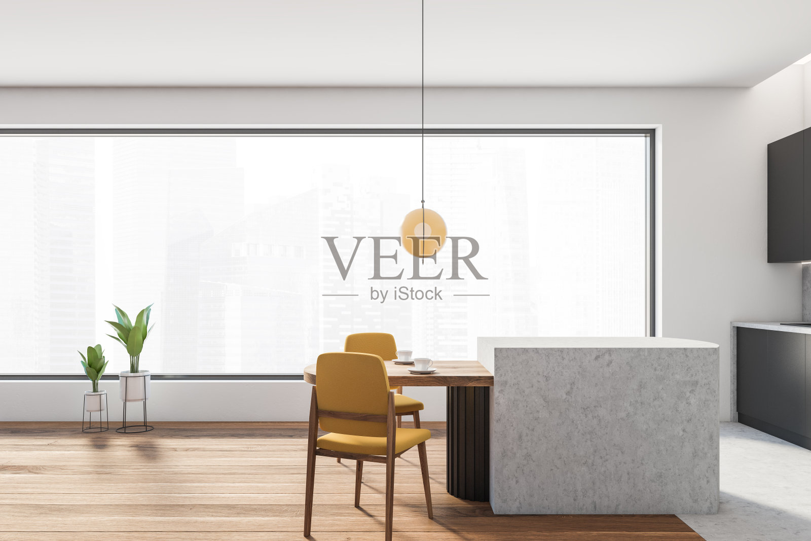 客厅内部有餐桌和厨房用具照片摄影图片