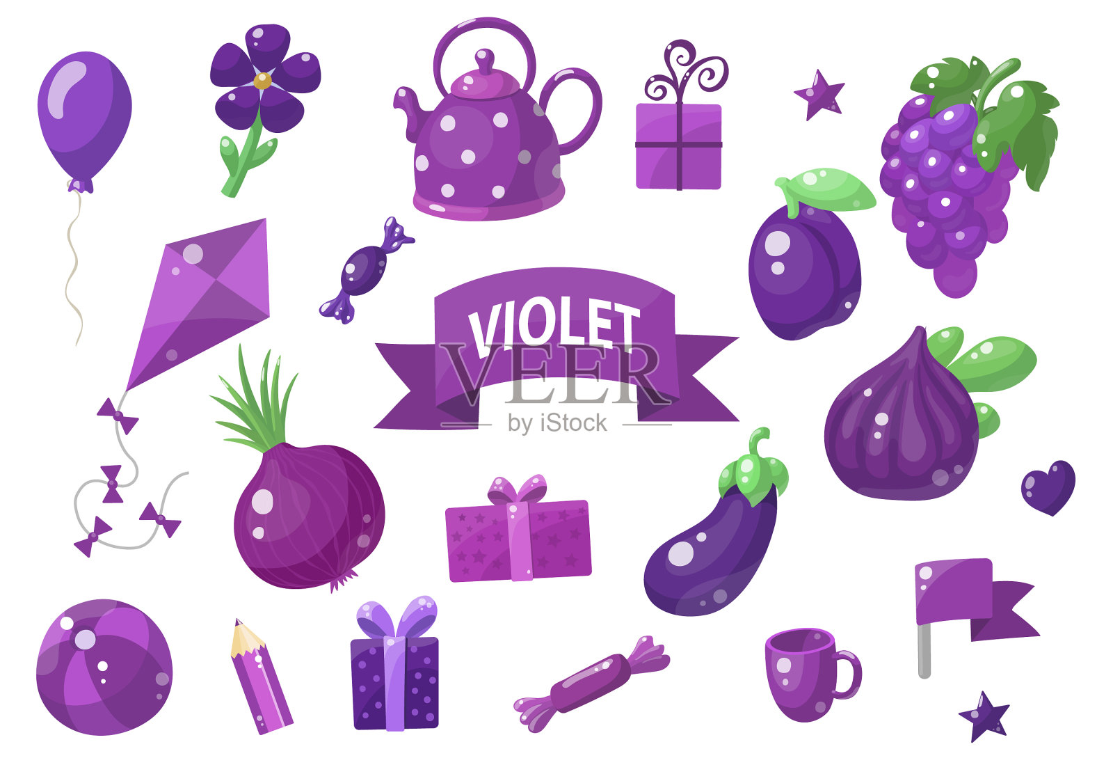 大set violet objects孤立在白色上插画图片素材