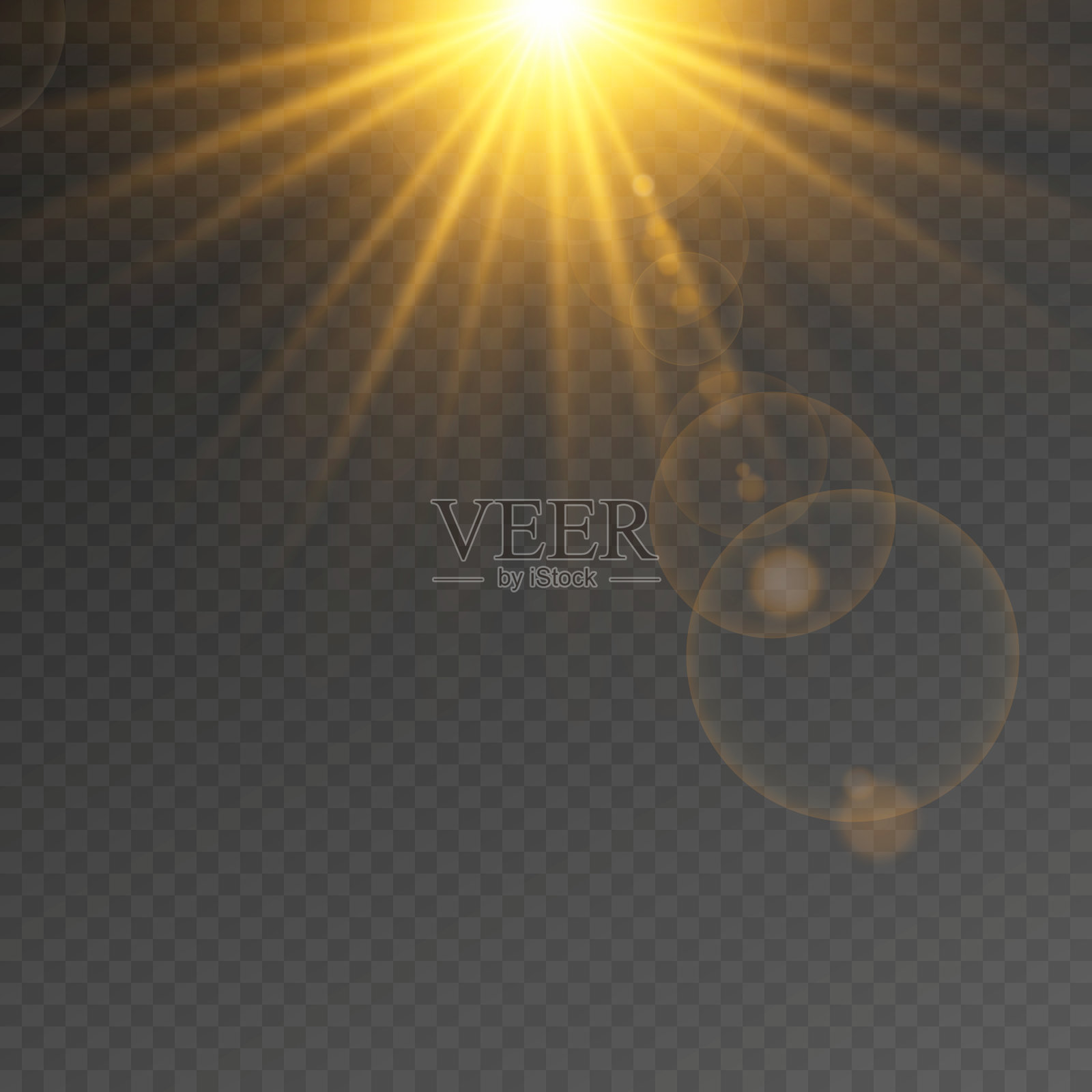 特殊设计的日光与眩光，或光效果与眩光。星光、太阳或聚光灯发出的光和眩光在光芒中模糊。装饰元素。孤立的透明背景。插画图片素材