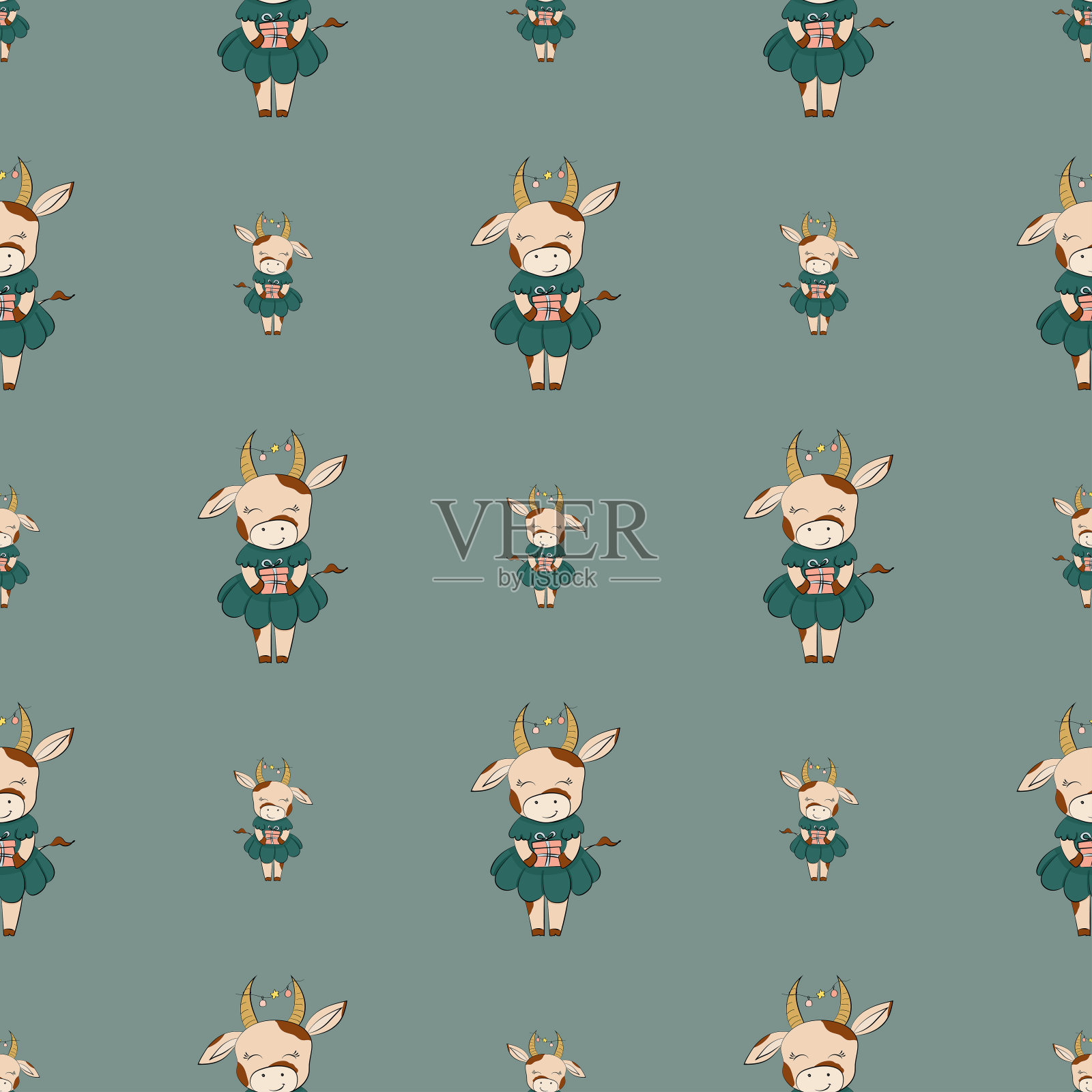 图案有一头穿着绿色连衣裙的可爱奶牛，带着礼物，犄角上还戴着新年花环。圣诞节的设计。插画图片素材