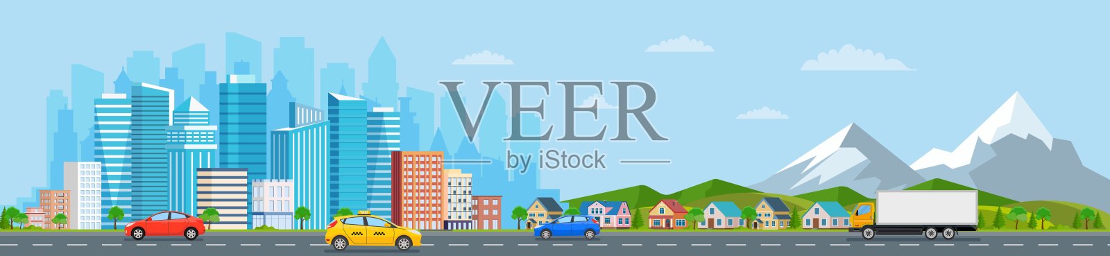 景观有建筑、山脉插画图片素材