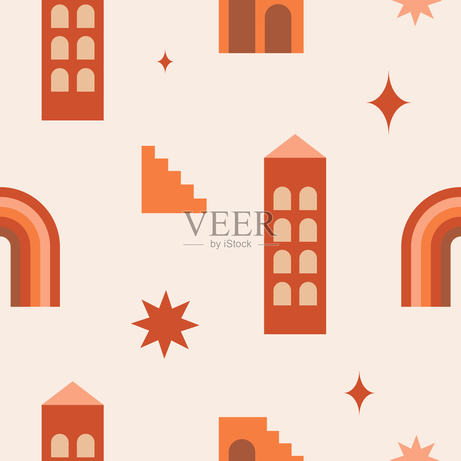 现代抽象美学无缝图案与几何建筑元素的波西米亚风格。插画图片素材