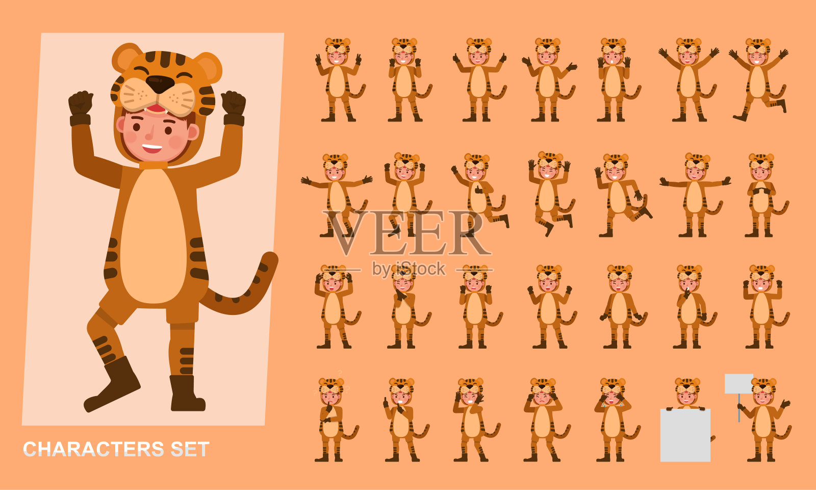 一套孩子男孩穿着老虎服装的角色矢量设计。以各种动作表现情感。插画图片素材