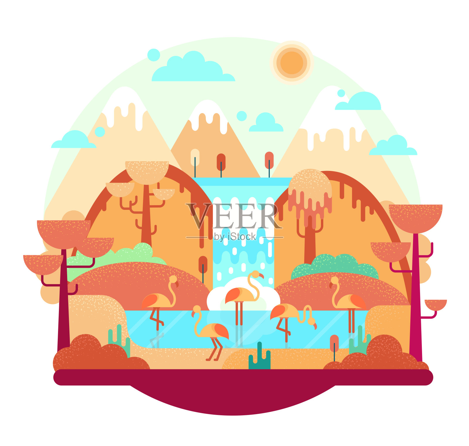 矢量卡通插图在平面卡通风格。粉红色的火烈鸟在湖上，非洲的风景插画图片素材