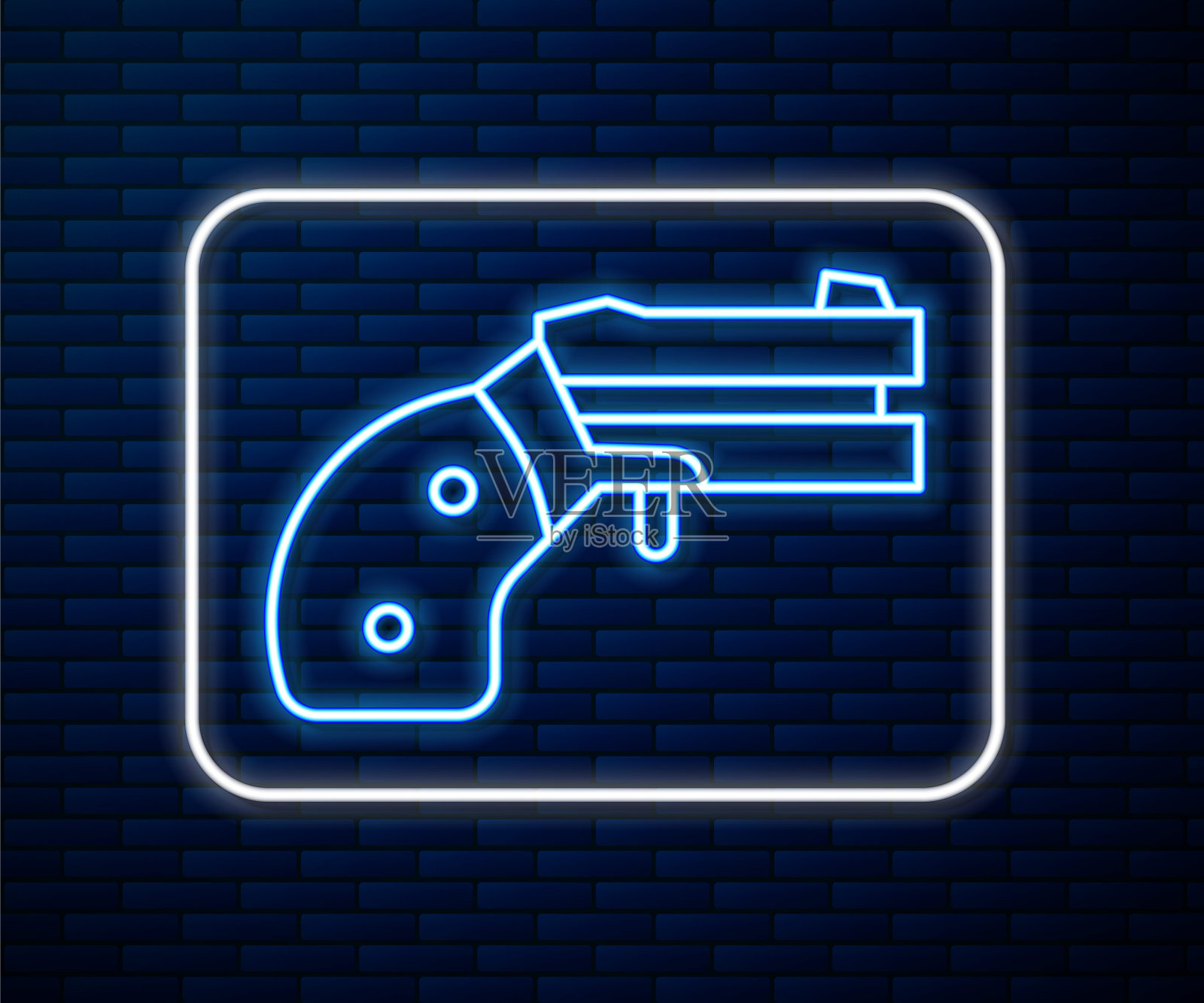 发光的霓虹灯线小手枪左轮图标孤立在砖墙的背景。用于自卫的袖珍手枪。女士们的左轮手枪。间谍武器。向量插画图片素材