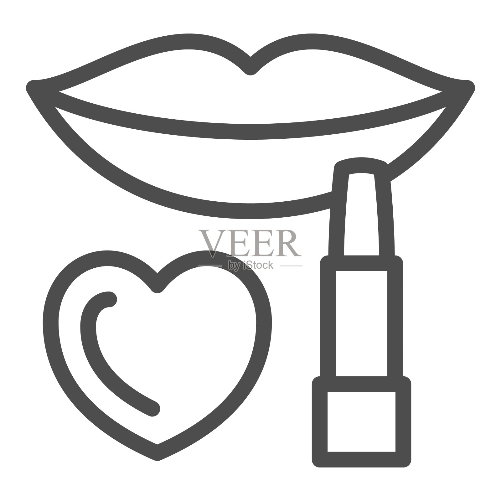 嘴唇，口红和心线图标，3月8日的概念，在白色的背景上的女性化妆品标志，嘴唇与口红和心图标轮廓风格的手机和网页设计。矢量图形。图标素材