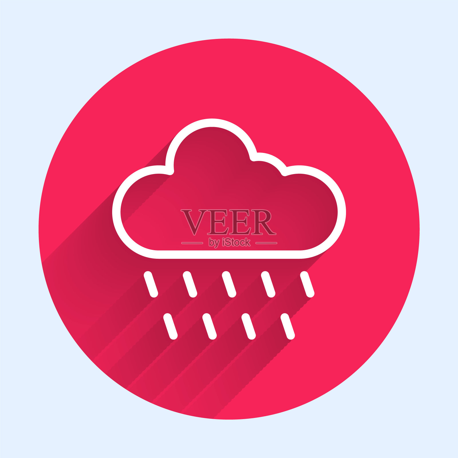 白线云与雨的图标孤立与长影子。雨云与雨滴一起沉淀。红色圆圈按钮。向量插画图片素材