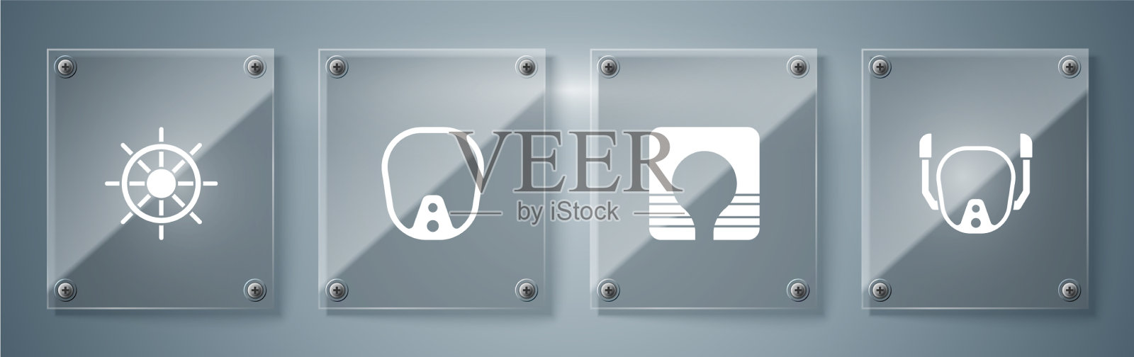 设潜水面罩、救生衣及舵机图标素材