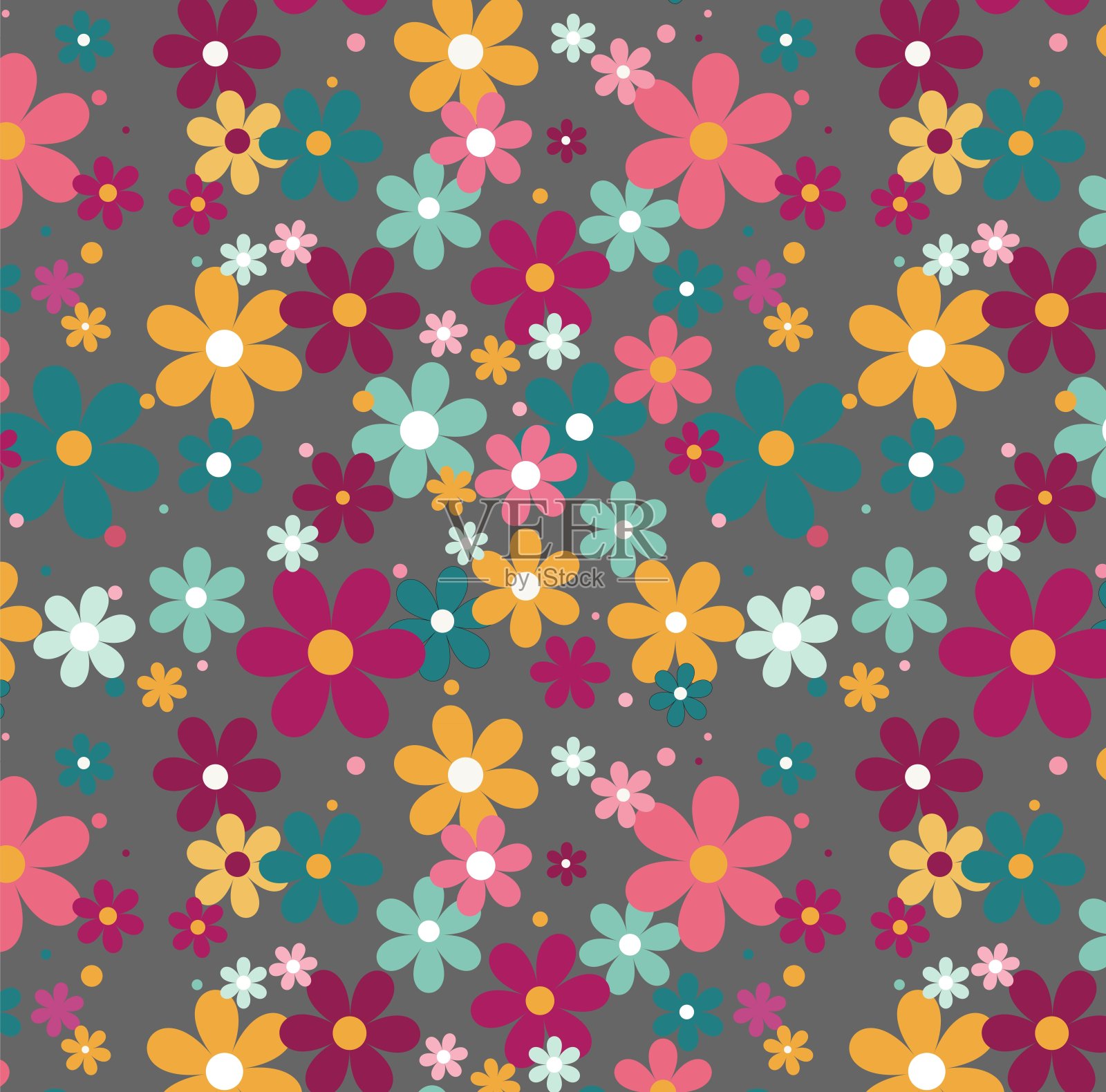 灰色背景上无缝的花卉图案。插画图片素材