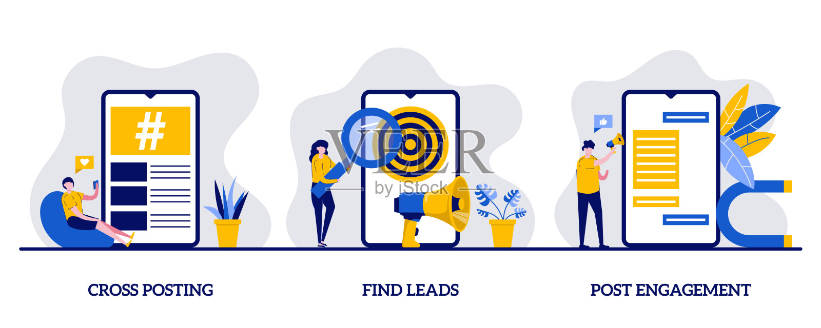 交叉张贴，寻找线索，与角色互动的概念。现代促销手段图标。营销网络抽象插图集。SMM业务，吸引客户的战役隐喻。插画图片素材