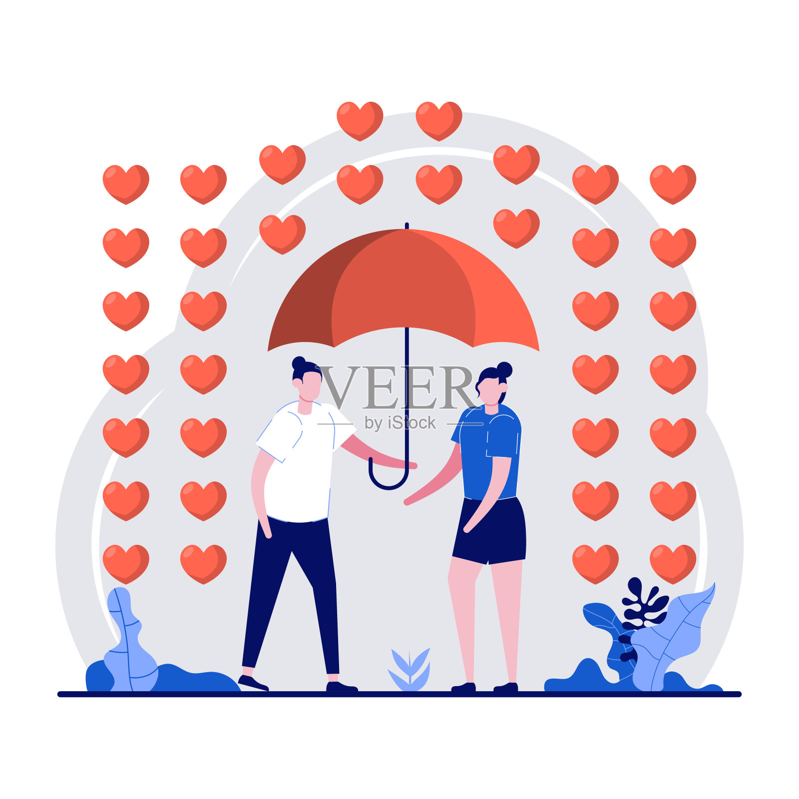 情人节快乐的节日概念与微小的字符和心形的爱情象征。恩爱夫妻撑伞下热雨，爱情情感平面矢量插画。插画图片素材