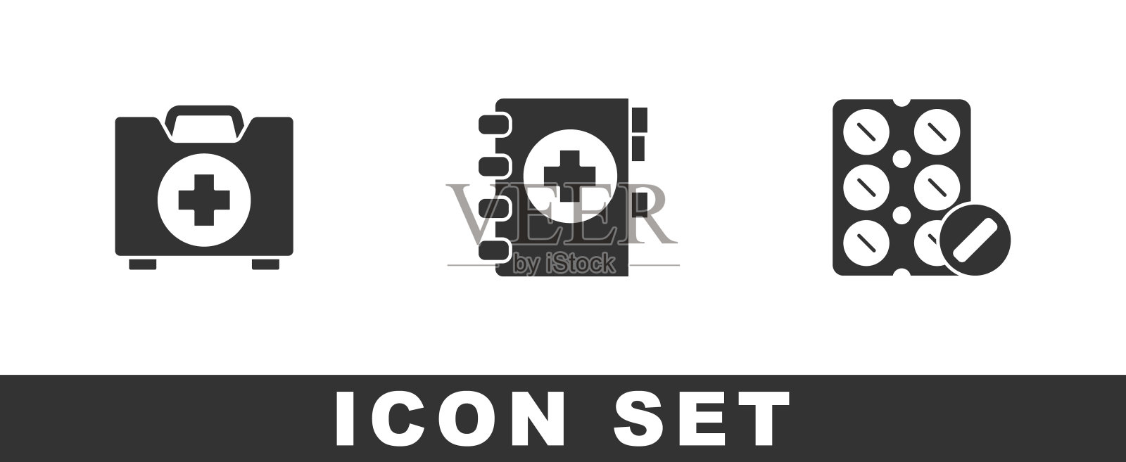 设置急救箱，医疗剪贴板和药丸在水泡包装图标。向量图标素材